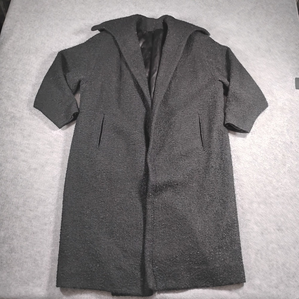L.C. Mae California Vintage Trench Overcoat Women Medium Black Wool Blend Boucle
